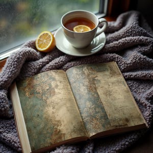 May include: A cozy scene featuring a cup of tea with a lemon slice, resting on a saucer. An open book with vintage-style pages and a decorative pattern lies on a soft, gray blanket. A half lemon sits nearby, next to a window.