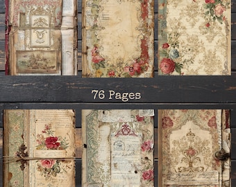 Op de afbeelding: Een verzameling digitale journaalvellen in vintage-stijl met bloemen- en siermotieven. De vellen hebben verouderde texturen, vervaagde kleuren en de tekst "INSTANT DOWNLOAD, PRINT AT HOME" en "76 Pages".
