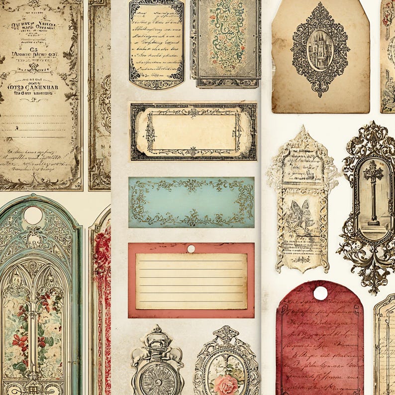 Vintage Junk Journal Tags Ephemera Kit, Shabby Chic Scrapbook Elements ...