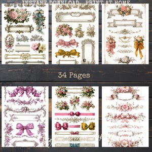 May include: Digital collage sheet featuring vintage floral designs, ribbons, and frames in soft pink, gold, and cream colors. The text "INSTANT DOWNLOAD PRINT AT HOME" and "34 PAGES" are visible. Perfect for crafting and scrapbooking projects.