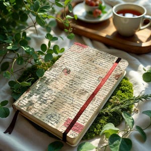 Pu&ograve; includere: Un diario con copertina rigida dall'estetica vintage. La copertina presenta carta invecchiata con scritte a mano e dettagli floreali. &Egrave; visibile un segnalibro a nastro rosso. Il diario &egrave; appoggiato su muschio verde, circondato da verde.