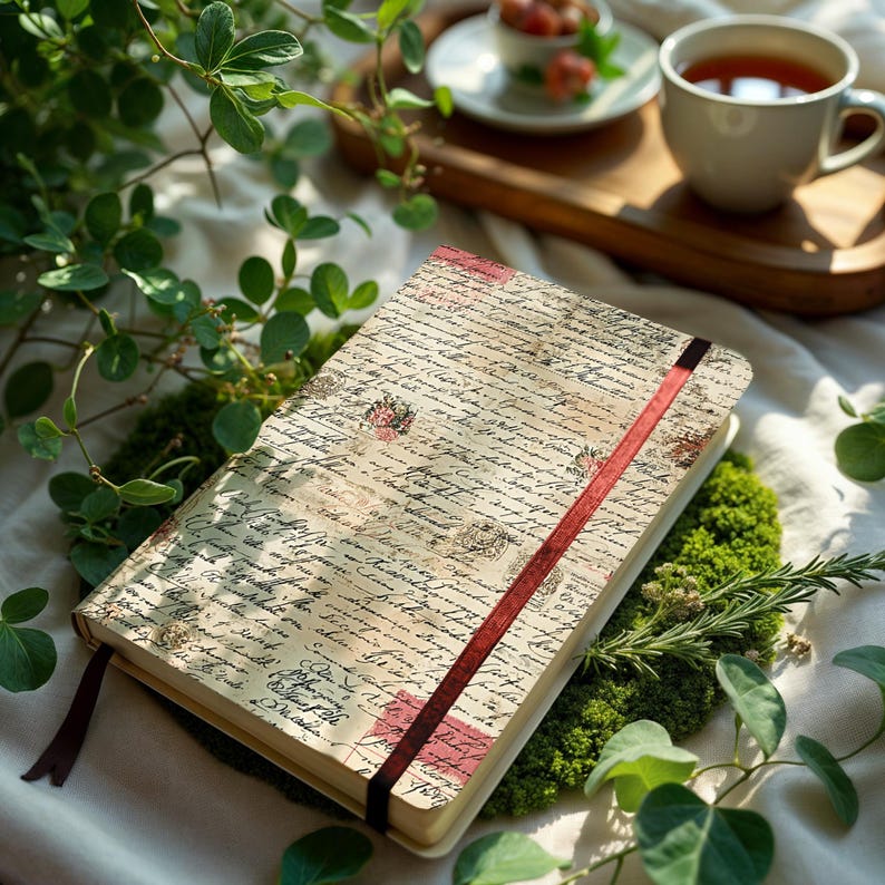 Pu&ograve; includere: Un diario con copertina rigida dall'estetica vintage. La copertina presenta carta invecchiata con scritte a mano e dettagli floreali. &Egrave; visibile un segnalibro a nastro rosso. Il diario &egrave; appoggiato su muschio verde, circondato da verde.