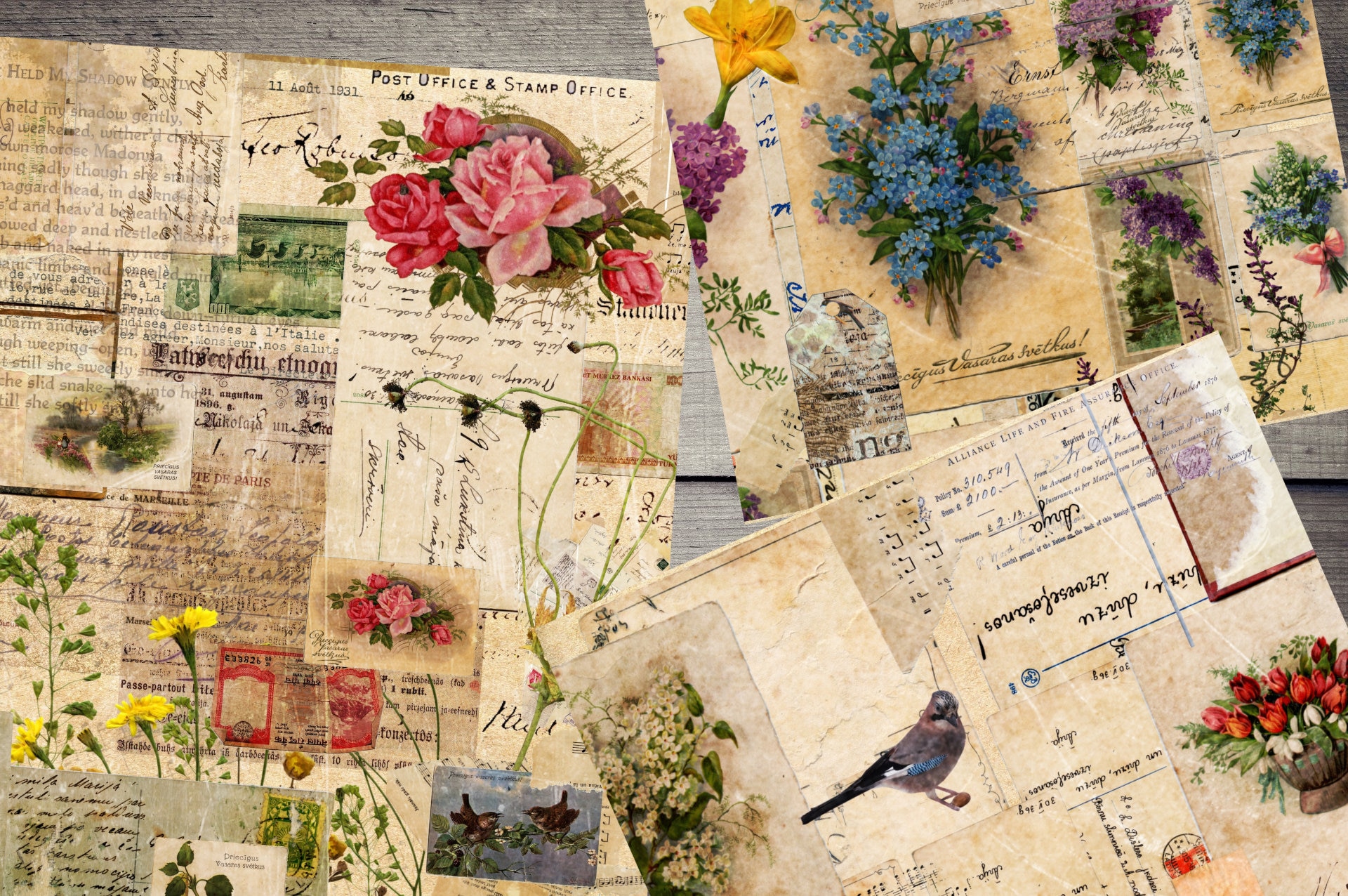 Vintage Junk Journal Kit: Antique Paper, Digital Collage (Printable Download, 11x8.5in JPGs)