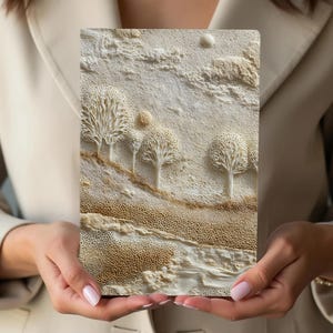 Könnte beinhalten: Ein rechteckiges, strukturiertes Kunstwerk mit einer Landschaftsszene mit Bäumen, einem Fluss und Wolken. Das Kunstwerk ist hauptsächlich beige und cremeweiß, mit einem erhabenen, dreidimensionalen Effekt. Ein Sonne oder Mond ist am Himmel zu sehen.