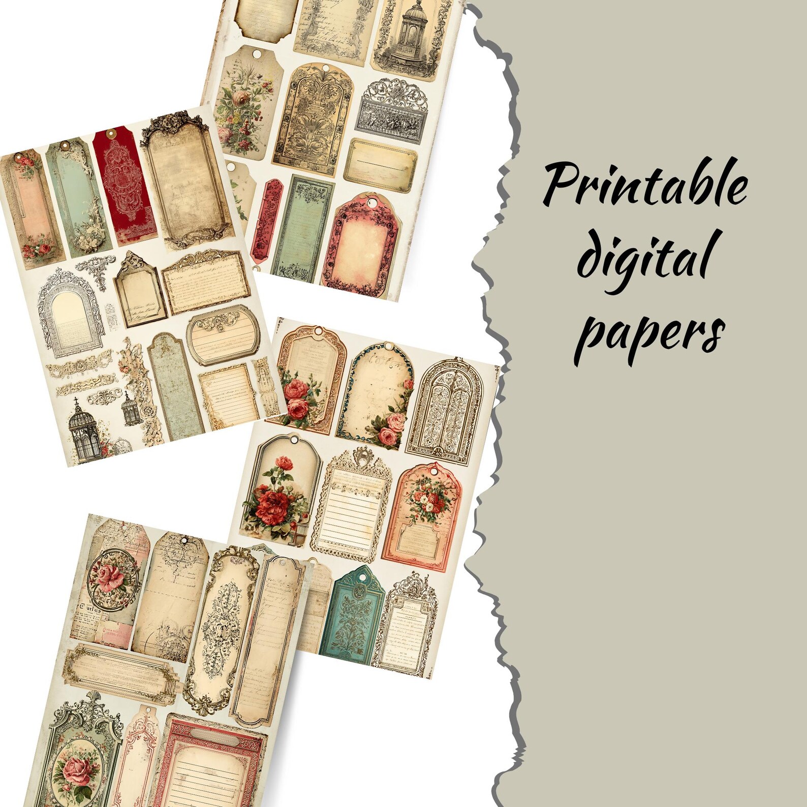 Vintage Junk Journal Tags Ephemera Kit, Shabby Chic Scrapbook Elements ...