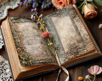 Peut inclure: Un livre ancien ouvert avec des pages texturées et des bordures décoratives. Une fleur rose et des brins de lavande et d'autres fleurs sont placés à l'intérieur des pages. Un signet en ruban et une garniture en dentelle sont également visibles.