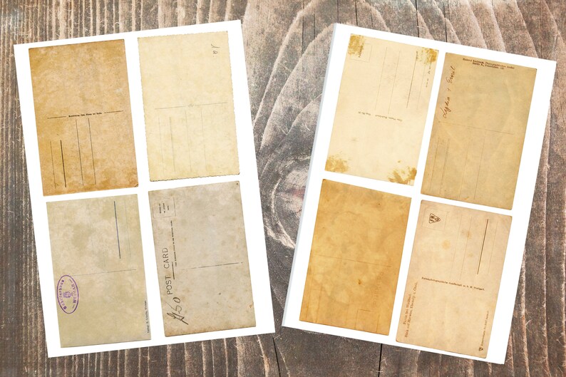 May include: Eight vintage postcards with blank spaces for writing. The postcards are cream colored with brown edges and have a worn, aged look.