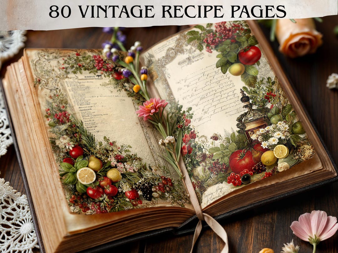 Vintage Botanical Recipe Pages, Rustic Farmhouse Cookbook Journal ...
