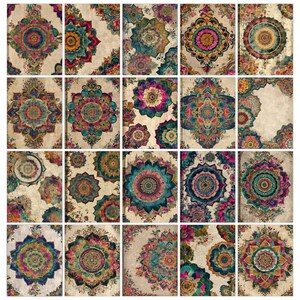 K&ouml;nnte beinhalten: Eine Sammlung dekorativer Kunstdrucke mit aufwendigen Mandala-Designs. Jeder Druck zeigt eine lebendige Farbpalette, darunter T&uuml;rkis, Rosa, Orange und Gold, vor einem neutralen Hintergrund. Die detaillierten, symmetrischen Muster erzeugen eine Boho-&Auml;sthetik.