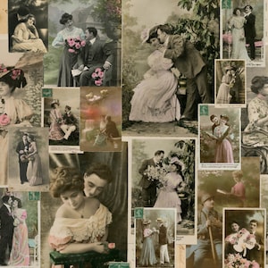 Vintage Postcards Couples Lovers Digital Download - 20 Journaling Cards Kit 5, Romantic Ephemera for Scrapbooking & Crafts