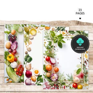 May include: A digital download featuring three recipe card designs with watercolor illustrations of fresh produce. The cards are decorated with images of vegetables, herbs, and eggs. The text "23 PAGES" and "INSTANT DOWNLOAD" are also visible.