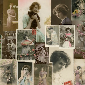 Cartões postais vintage para impressão com fotos de mulheres francesas, retratos digitais antigos para diário e itens efêmeros, download de arte feminina vintage