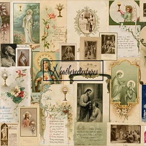 Cartões de oração, itens religiosos franceses, download digital para impressão Junk Journal, Scrapbooking, artesanato em papel, Kit 9
