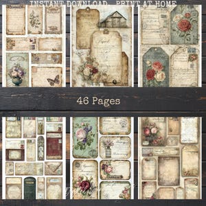 May include: A set of digital journal pages with a vintage aesthetic, featuring floral and botanical designs, such as roses and butterflies, alongside antique stamps. The pages have aged paper textures and handwritten script. The text "INSTANT DOWNLOAD PRINT AT HOME" is visible. The text "46 Pages" is also visible.