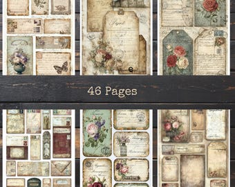 Vintage Junk Journal Kit, Utskrivbart Ephemera-paket, Antika Blompapper (46 Sidor)