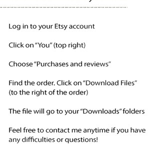 Peut inclure: Un fond blanc avec du texte noir expliquant comment t&eacute;l&eacute;charger un fichier num&eacute;rique depuis Etsy. Le texte comprend des instructions pour se connecter &agrave; votre compte Etsy, cliquer sur "Vous", choisir "Achats et &eacute;valuations", trouver la commande, cliquer sur "T&eacute;l&eacute;charger les fichiers", et n'h&eacute;sitez pas &agrave; contacter le vendeur si vous rencontrez des difficult&eacute;s ou si vous avez des questions. Le bas de l'image pr&eacute;sente une bordure de fleurs sauvages color&eacute;es.