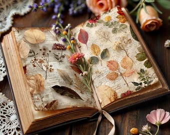 May include: An open antique book with pressed flowers and leaves. The pages display handwritten script and are adorned with colorful flora. A pink flower and a ribbon are visible, along with a lace doily and a rose.