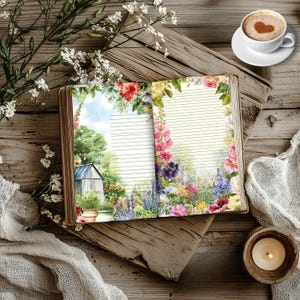 May include: An open journal with lined pages and floral illustrations, resting on a rustic wooden surface. The journal features a garden scene with a small building and colorful flowers. A cup of coffee with a heart design and a lit candle are also present.