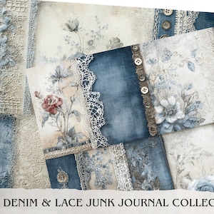 Può includere: Una collezione di design di carta digitale con texture in denim blu, intricate finiture in pizzo bianco e illustrazioni floreali in tonalità di blu e rosso. Le immagini includono piccoli bottoni rotondi e motivi in tessuto usurato con il testo BLUE DENIM & LACE JUNK JOURNAL COLLECTION.