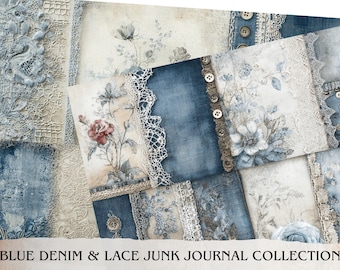 Junk-Journal-Seiten-Set mit blauer Denim-Spitze, Shabby-Chic-Patchwork-Papierpaket (PDF-Download)