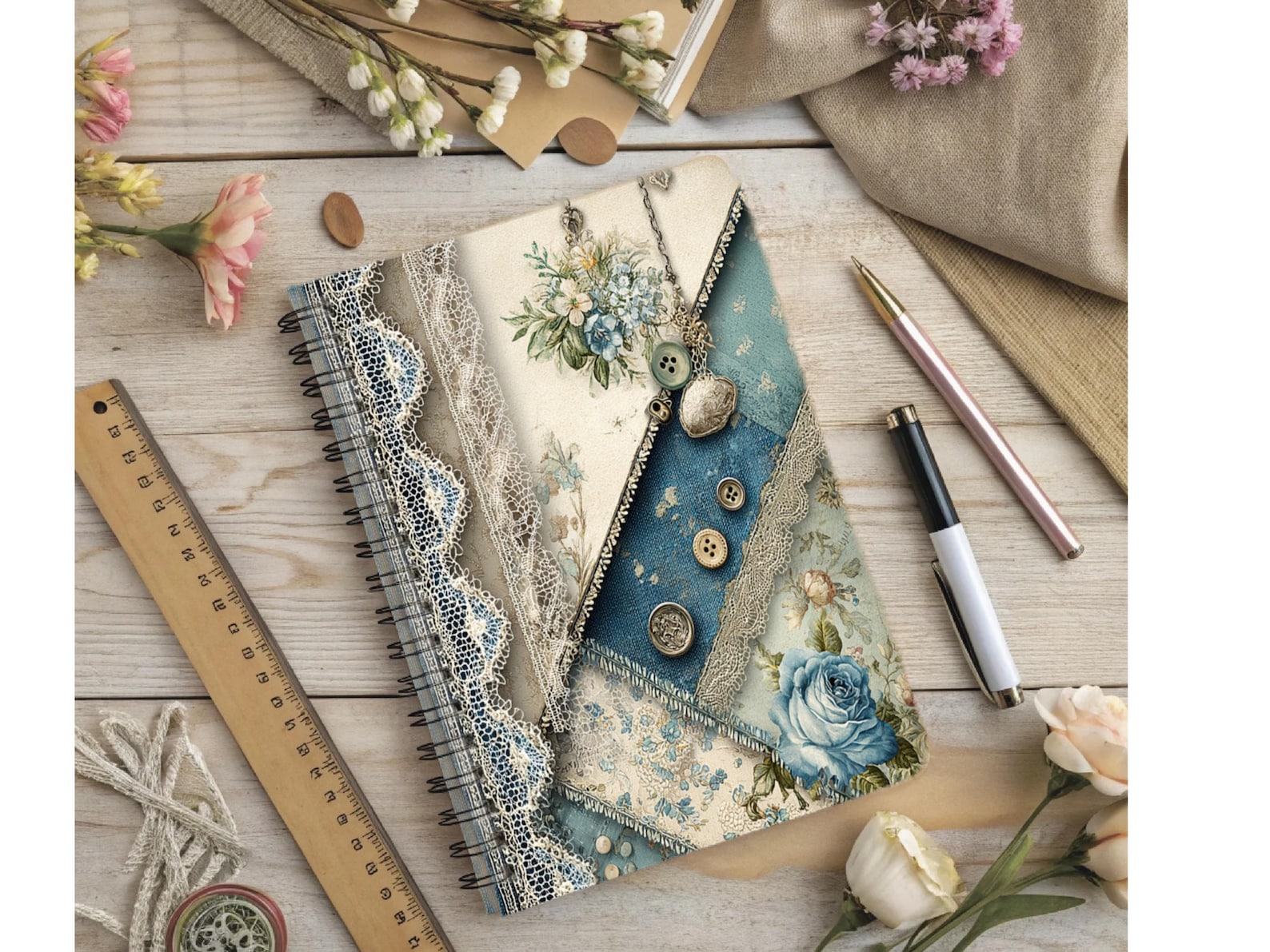 Vintage Denim Patchwork Digital Paper Pack, Shabby Chic Lace Junk ...