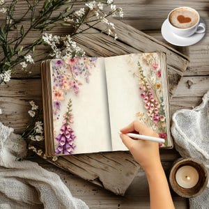 May include: An open, antique-style book with floral illustrations and a hand holding a white pen. The book is on a rustic wooden surface, accompanied by a cup of coffee with a heart design and a lit candle.