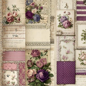 May include: A collage of vintage-style floral designs. The image features various rectangular and square elements with images of roses in shades of pink, purple, and cream. Some elements include musical notes, lace trim, and striped patterns, creating a romantic, antique aesthetic.