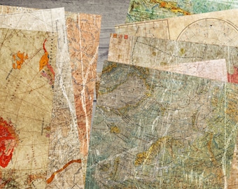 May include: A stack of vintage maps with various designs and colors, including a map of the Arctic, a map of a region with rivers and lakes, and a star chart. The maps are faded and worn, giving them a rustic and antique look.