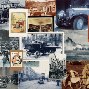 Peut inclure: Un collage d'images vintage mettant en scène diverses automobiles, dont une voiture à vapeur, une voiture classique, un camion et une voiture de course. Les images sont disposées en grille et comprennent du texte tel que "The Christmas Dream Come True!" et "Tri-Ang".