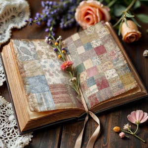 May include: An open antique book with aged, patterned pages. The left page features a paisley design, while the right page has a patchwork pattern. A ribbon bookmark and sprigs of flowers, including a pink zinnia, rest within the book.