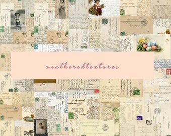 May include: A collage of vintage postcards and letters with handwritten text and stamps. The collage is in shades of cream, brown, and white with a pink banner across the middle that reads "weathered textures".