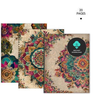 K&ouml;nnte beinhalten: Drei Notizb&uuml;cher mit floralen Mandala-Mustern in T&uuml;rkis, Rosa und Gold. Die Notizb&uuml;cher haben einen beigefarbenen Hintergrund. Der Text lautet "20 PAGES" und ein schwarzer Kreis mit "INSTANT DOWNLOAD".