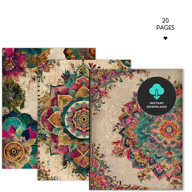 K&ouml;nnte beinhalten: Drei Notizb&uuml;cher mit floralen Mandala-Mustern in T&uuml;rkis, Rosa und Gold. Die Notizb&uuml;cher haben einen beigefarbenen Hintergrund. Der Text lautet "20 PAGES" und ein schwarzer Kreis mit "INSTANT DOWNLOAD".