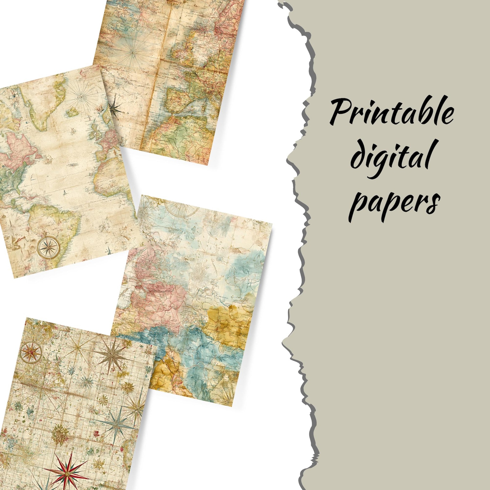 Vintage Maps Digital Paper: 27 Printable Scrapbook & Journal Pages ...