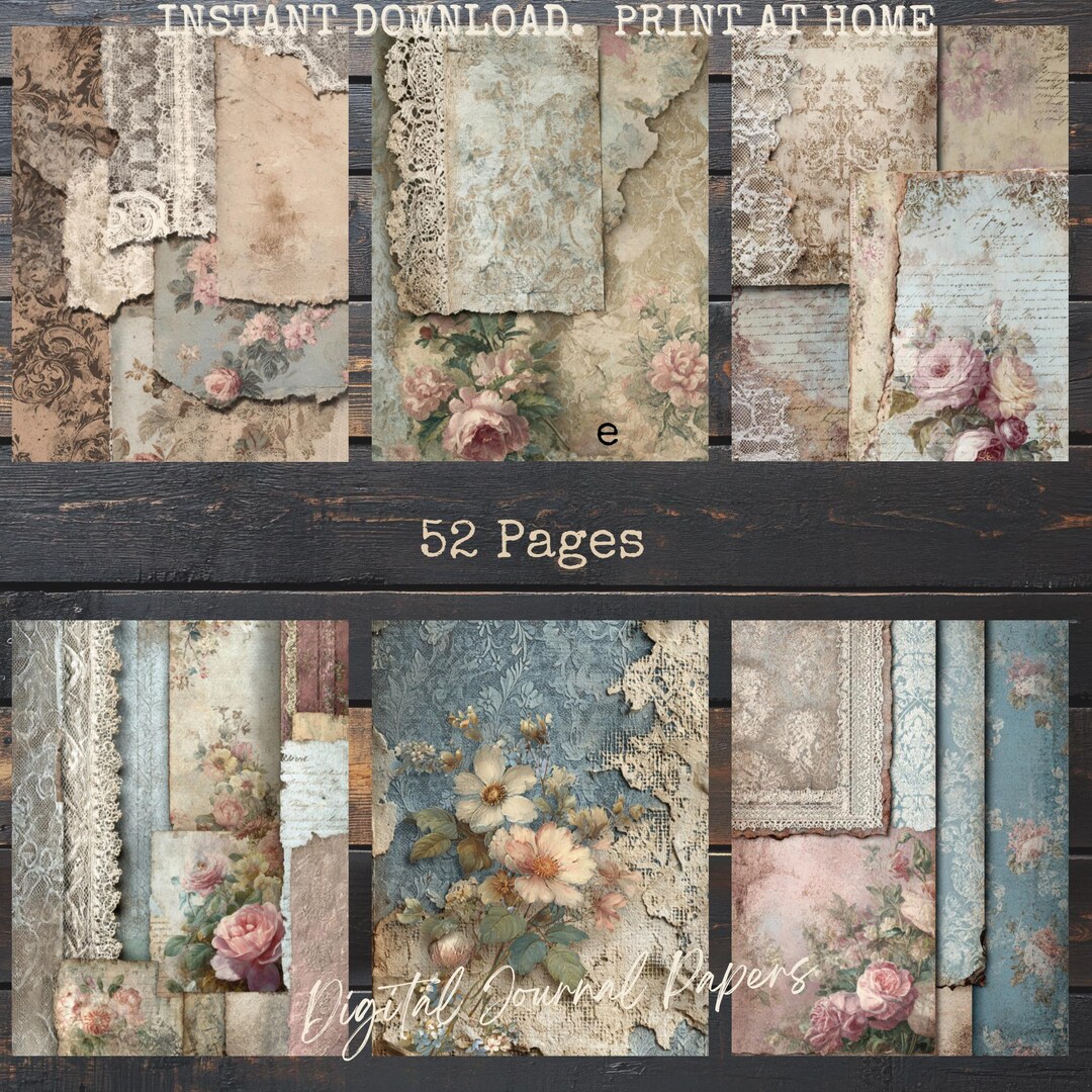 Romantic Vintage Junk Journal Kit, Shabby Chic Floral Papers, Antique ...