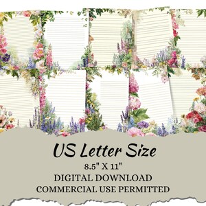 May include: A collection of lined stationery sheets with floral borders in shades of pink, purple, and green. The text at the bottom reads "US Letter Size 8.5" X 11" DIGITAL DOWNLOAD COMMERCIAL USE PERMITTED."