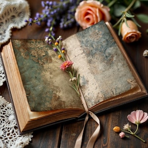 May include: An open antique book with aged, patterned pages. A pink flower and sprigs of lavender and yellow flowers rest on the pages. A peach rose and lace trim are in the background. The book has a brown leather cover.