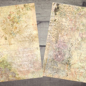 K&ouml;nnte beinhalten: Zwei Vintage-Papiertexturen mit verblassten Blumenmustern und handschriftlichem Text. Das Papier hat einen abgenutzten, gealterten Look mit einem hellgelben Hintergrund.