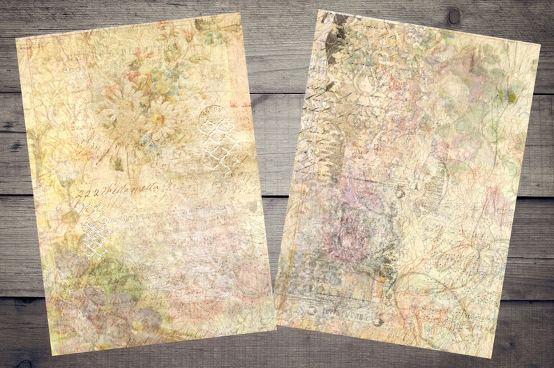 K&ouml;nnte beinhalten: Zwei Vintage-Papiertexturen mit verblassten Blumenmustern und handschriftlichem Text. Das Papier hat einen abgenutzten, gealterten Look mit einem hellgelben Hintergrund.