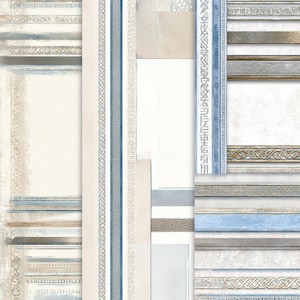 May include: Abstract design featuring vertical and horizontal rectangular shapes in shades of white, beige, and blue. The design incorporates textured borders with intricate patterns and a layered aesthetic, creating a sense of depth and visual interest.