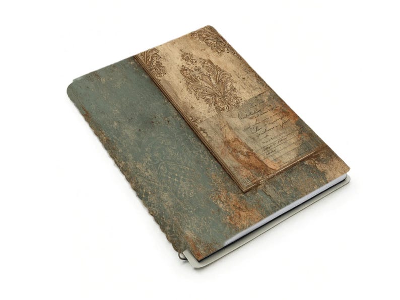 May include: A rectangular journal with a distressed, textured cover. The cover is divided into two sections: a teal-colored section and a brown section with a floral design. The journal is open, revealing white pages.