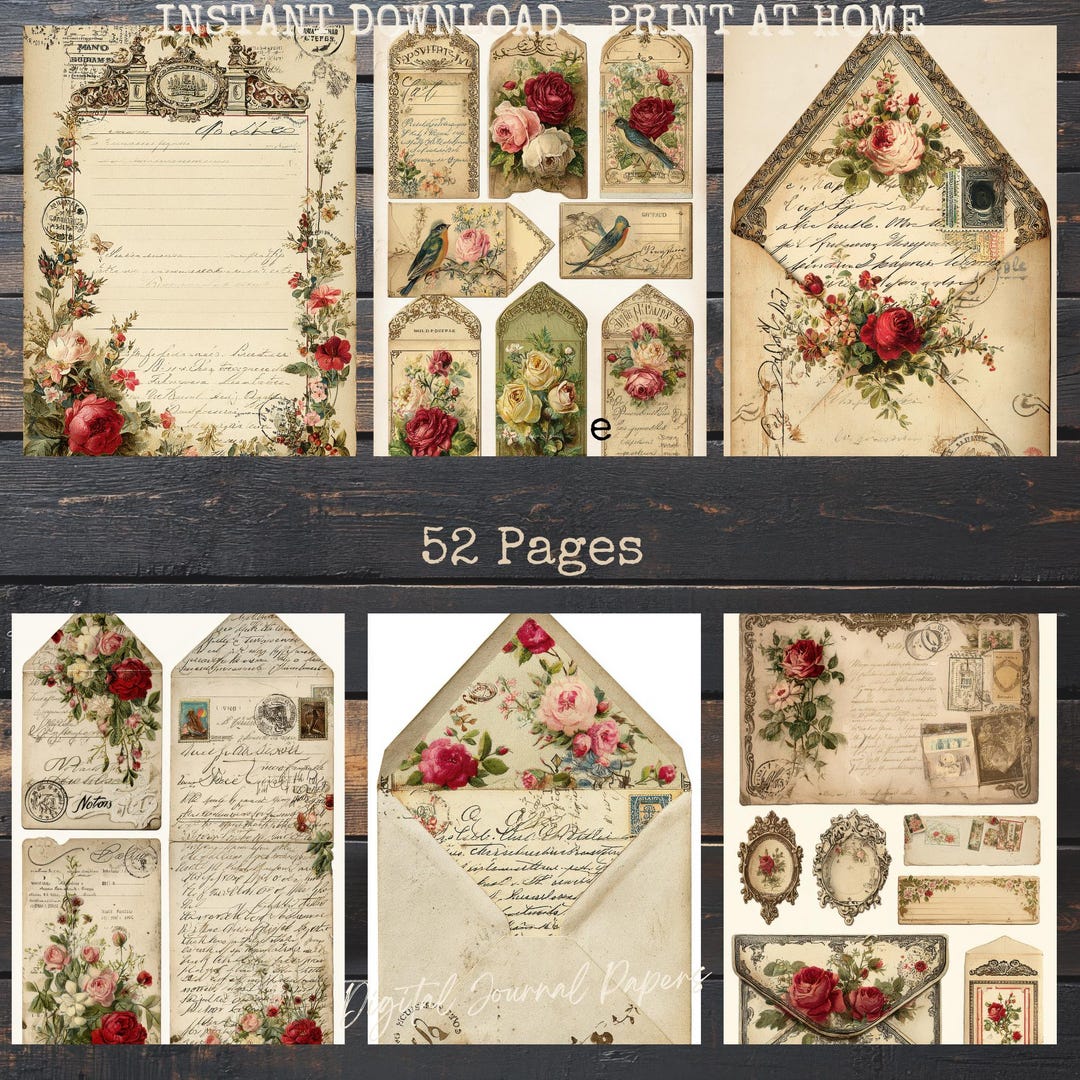 Vintage Rose Junk Journal Ephemera Kit, Printable Envelopes, Pockets ...