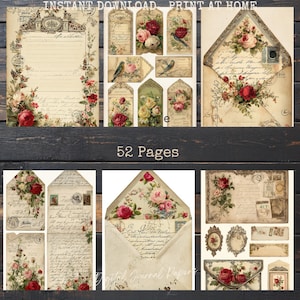 May include: Digital journal paper set featuring vintage floral designs, envelopes, tags, and stationery. The set includes red and pink roses, bird illustrations, and decorative frames. The text "Instant Download Print at Home" and "52 Pages" are visible.
