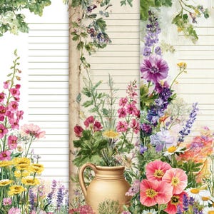 May include: A floral design featuring a variety of colorful flowers, including pink, purple, yellow, and white blooms. A tan pitcher is nestled among the flowers. The background has a lined paper design with a vintage aesthetic.