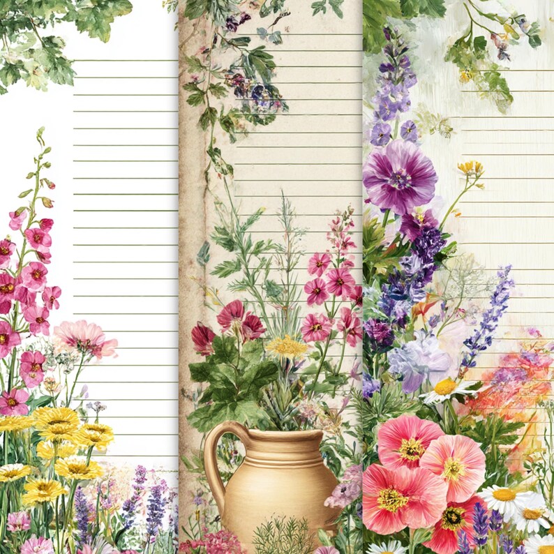 May include: A floral design featuring a variety of colorful flowers, including pink, purple, yellow, and white blooms. A tan pitcher is nestled among the flowers. The background has a lined paper design with a vintage aesthetic.