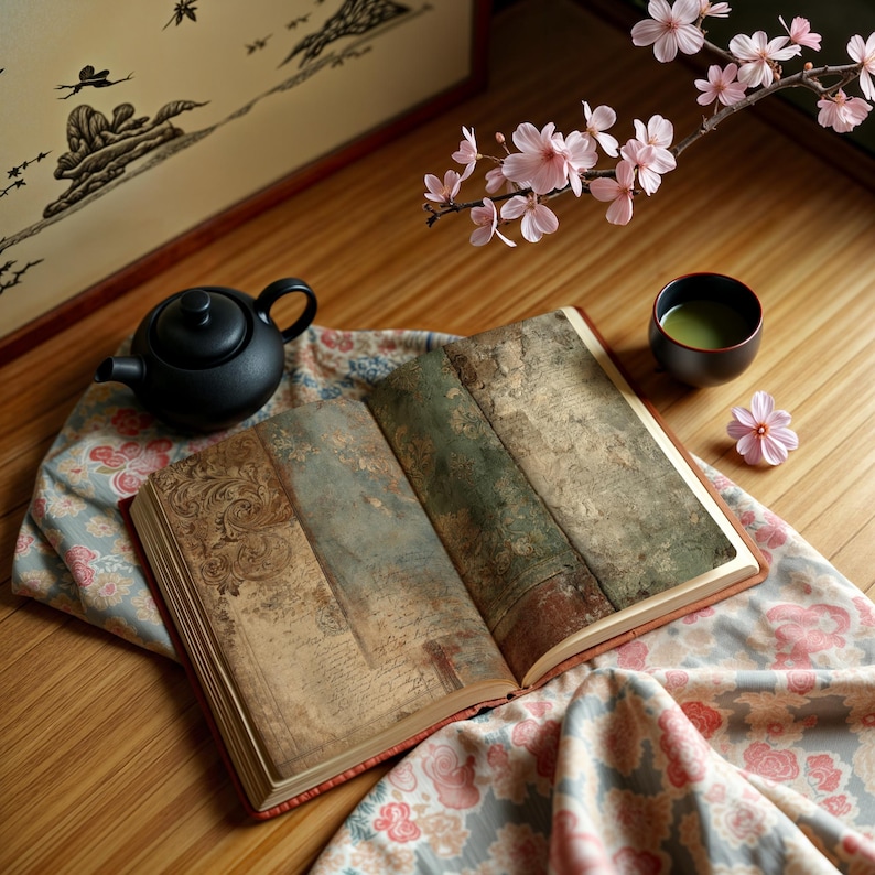 May include: An open book with aged pages, a black teapot, and a cup of green tea are arranged on a floral patterned cloth. A branch of pink cherry blossoms adds a touch of color to the scene. The book's pages have a vintage, weathered appearance.