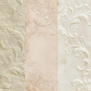 May include: A vertical collage of three textured panels featuring off-white and beige tones. The left and right sections display raised, embossed acanthus leaf and scrollwork patterns, while the center panel shows a smooth, weathered surface.