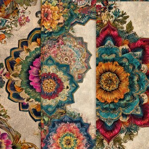 K&ouml;nnte beinhalten: Ein lebendiges, detailliertes Muster mit gro&szlig;en, stilisierten Blumen- und Mandala-Designs. Die Farbpalette umfasst T&uuml;rkis, Pink, Orange und Gelb, vor einem neutralen Hintergrund. Das Design hat eine Boho- oder Vintage-&Auml;sthetik.