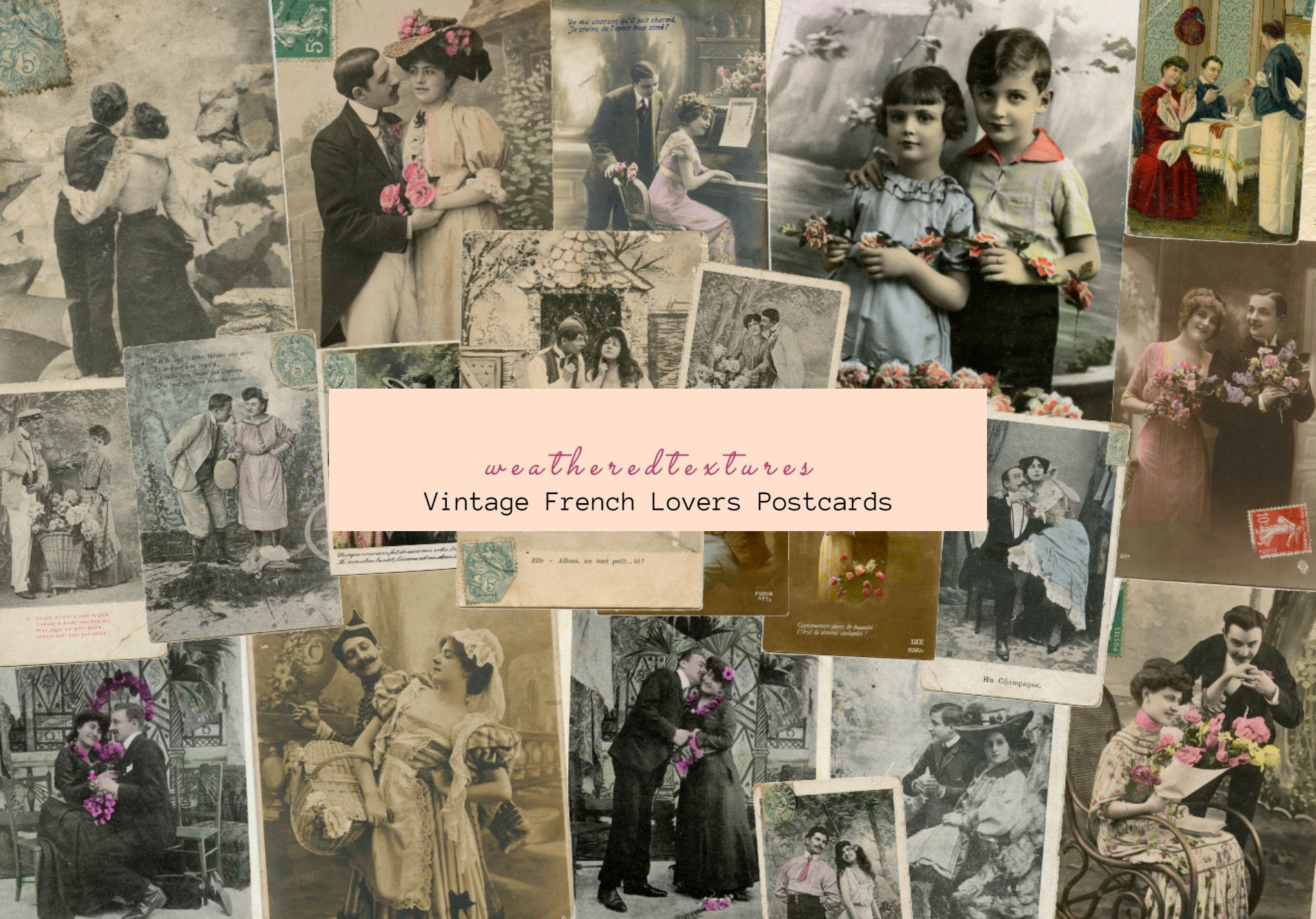 Vintage French Lovers Postcards: Victorian Romance Ephemera (Digital Download)