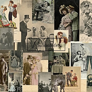 Couples Lovers digital download, 20 Vintage Postcards Instant Download, Romantic Postcards, Journaling cards, Vintage couples Kit 25